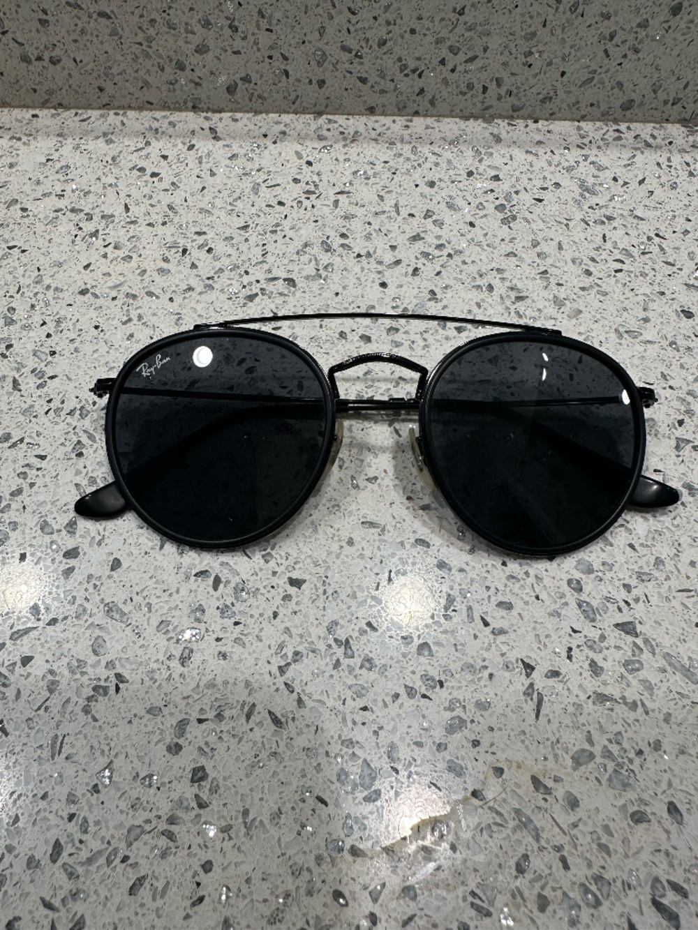 Ray-Ban Round Double Bridge Sunglasses in Polished Black with Blue/Grey Lenses
